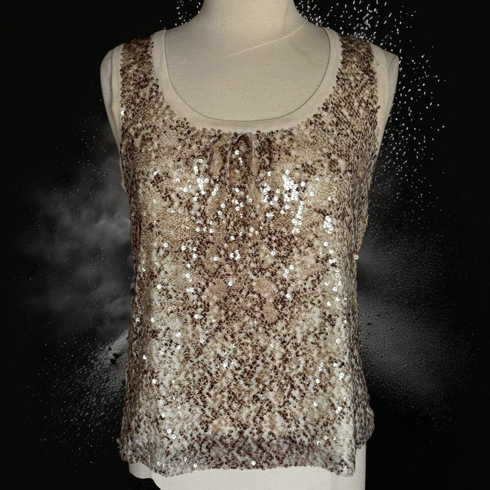 Chico's Size M Sequins Tank Top Mob Wife Cocktail Party‎ Beige Embellished Fun